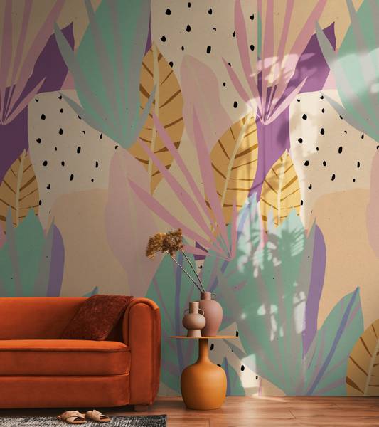 Fototapete 4814 Floral Blätter modern Beige - Grün - Flieder - Gelb