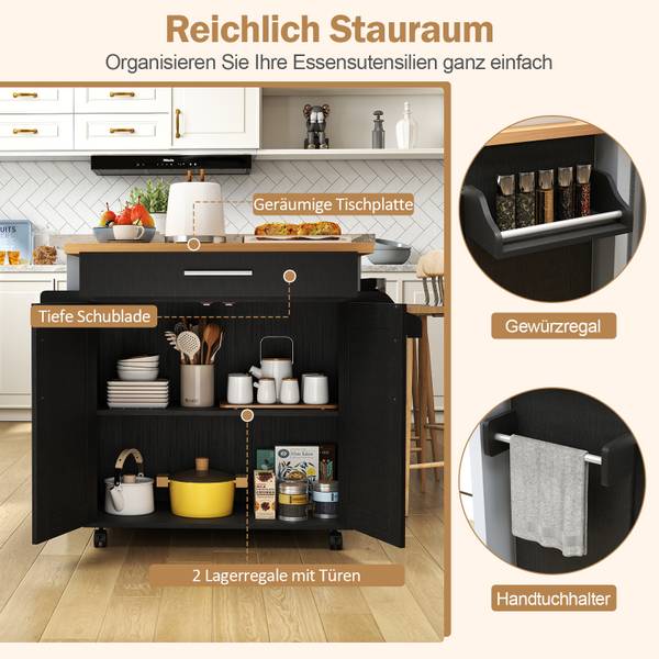 Küchenwagen WO70650 Schwarz - Holzwerkstoff - 40 x 90 x 111 cm