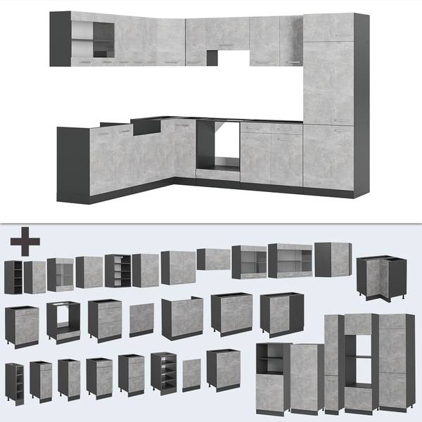 Cuisine en angle R-Line 53888 lot de 12 Gris - Chrome - 287 x 82 x 60 cm