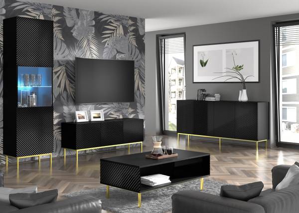 Tv-meubel RAVENNA C zwart - hoogglans zwart - goud