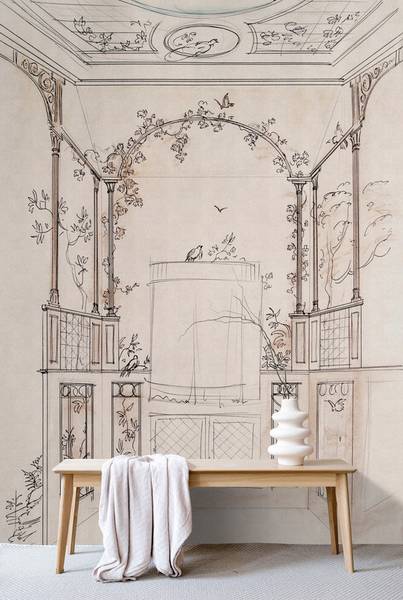 Fototapete Pavillon Walls by Patel Beige - Schwarz - Weiß - Fleece - 200 x 270 x 1 cm
