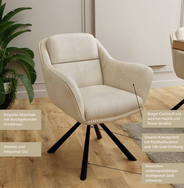 Polsterstuhl Carl Beige - Cord - Birke - Buche - 65 x 84 x 65 cm