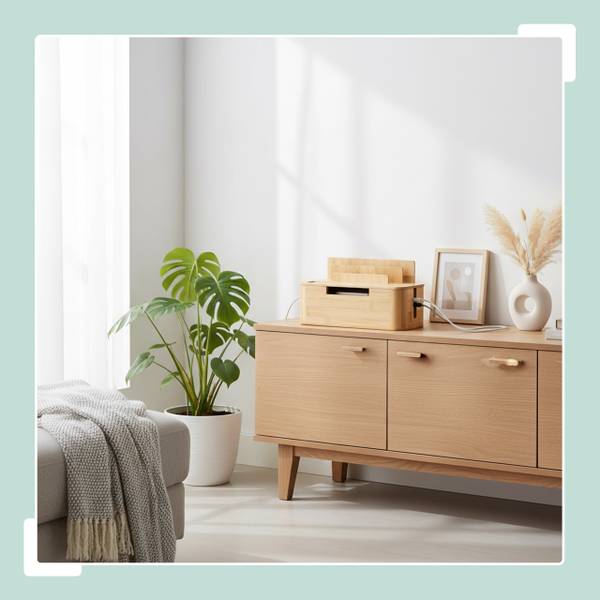 Kabelbox mit Handyhalter Bambus Braun - Holzverbundwerkstoff - 30 x 16 x 13 cm