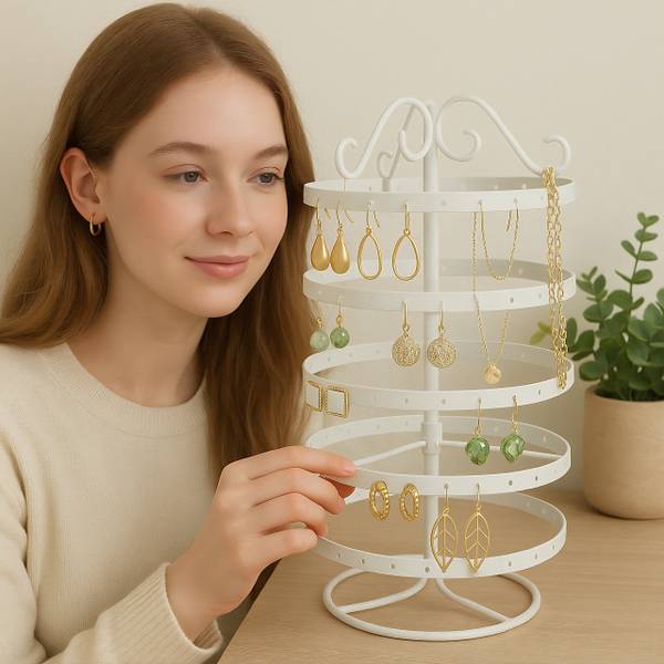 Oorbellenrekje rond met 168 gaatjes wit - ijzer - 17 x 30 x 17 cm