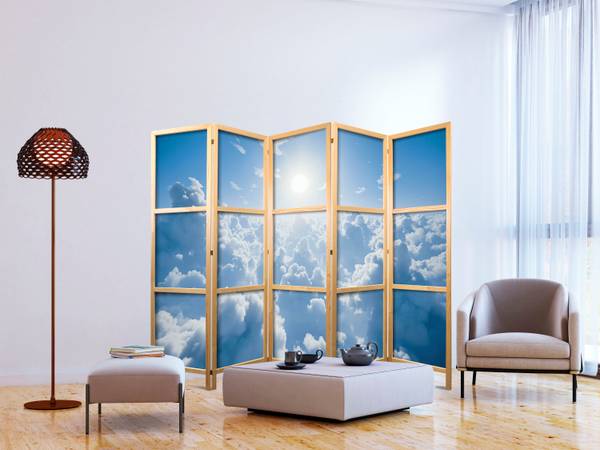 Paravent Wolken Strahlen 5-tlg Blau - Grau - Weiß - Holzwerkstoff - Textil - 225 x 172 x 3 cm