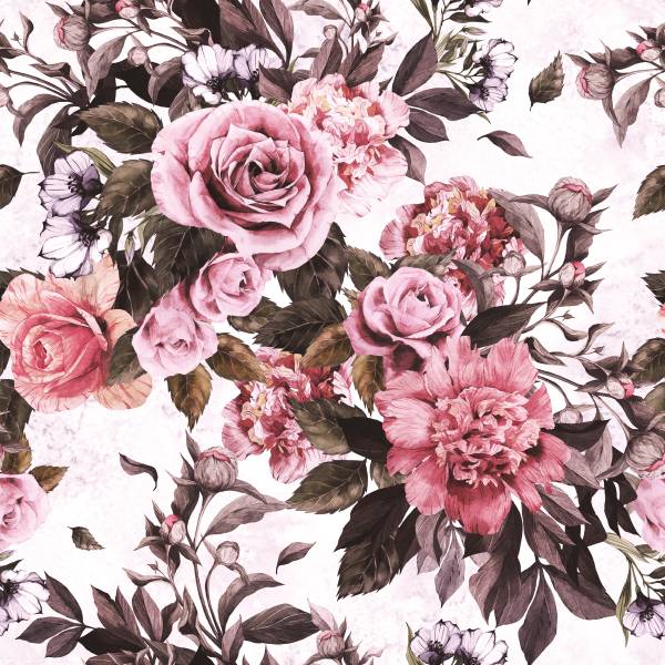 Tapete Rosen PFINGSTROSEN Blumen Natur Grün - Pink - Weiß - Fleece - 53 x 1000 x 1000 cm