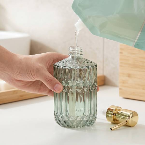 Seifenspender 2er Set 400 ml Gold - Grün - Weiß - Glas - Metall - 8 x 18 x 8 cm