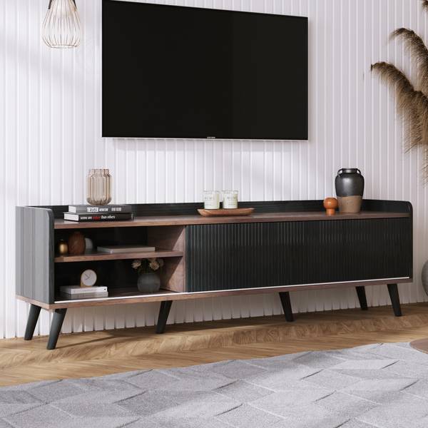 TV-lowboard met Schuifdeuren Eos I zwart - bruin - staal - 40 x 58 x 160 cm