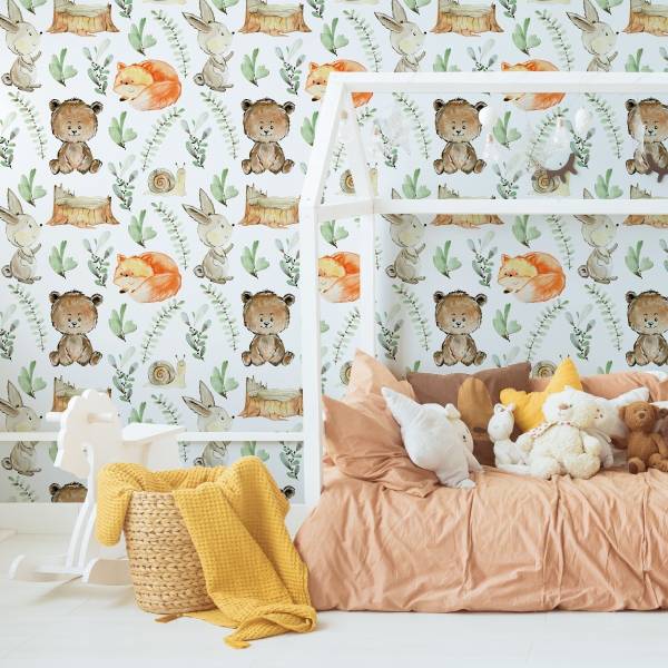 Tapete Waldtiere Pflanzen Natur Beige - Schwarz - Braun - Grau - Grün - Orange - Weiß - Papier - 53 x 1000 x 1000 cm