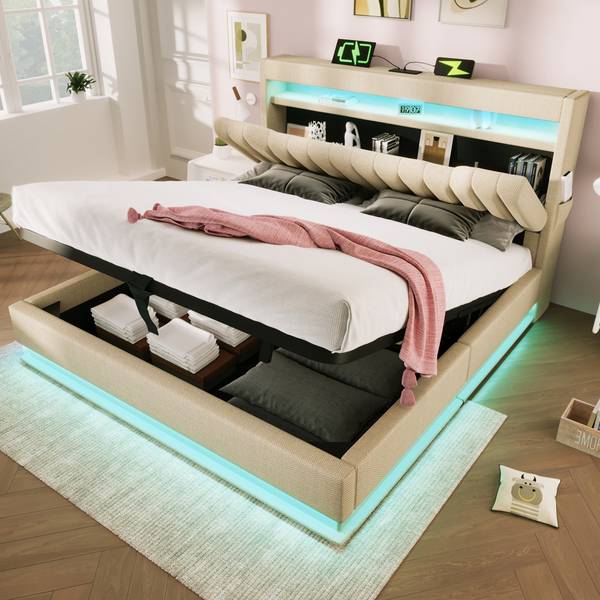 Gestoffeerd bed LEINLade Ⅱ beige - linnen - 142 x 112 x 208 cm