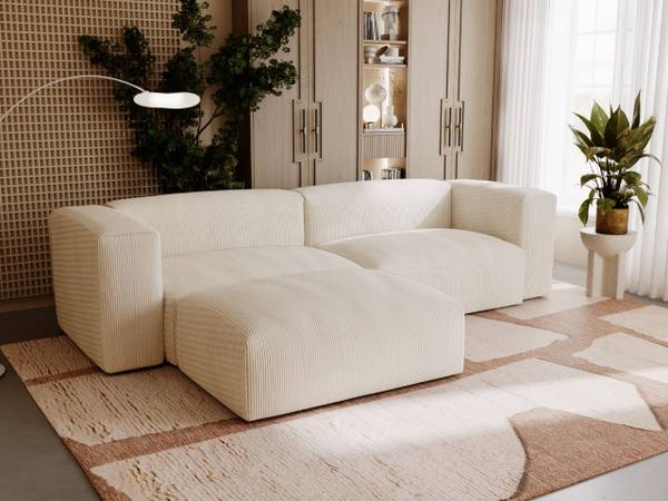 Ecksofa LANDI Creme - Armlehne beidseitig montierbar - Ecke davorstehend links - Ottomane davorstehend links