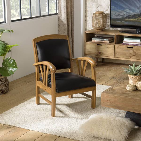 Fauteuil en teck et cuir noir Noir - Bois massif - 60 x 82 x 60 cm