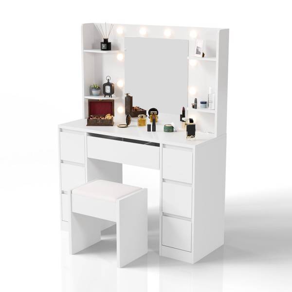 Schminktisch Malia und Hocker Melly Weiß - Holzwerkstoff - 107 x 140 x 40 cm