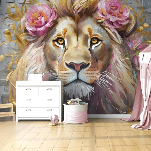 Papier peint, Lion fleurs animaux 300 x 210 cm