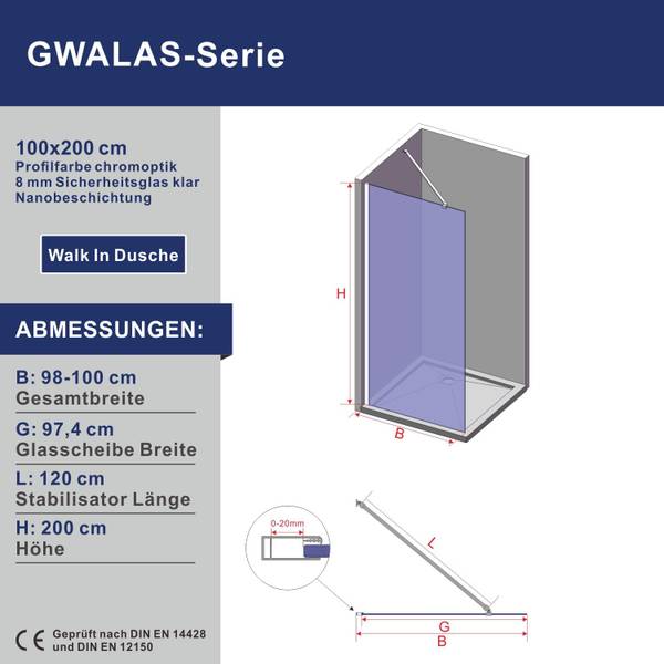 Saqu Solo Duschwand Mit Antikalk, 50x200 Cm – Walk-in Dusche Mit Stabilisator, NANOGlas & Aluminium