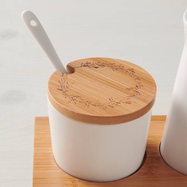 Milch- und Zucker-Set EMILIA Beige - Weiß - Keramik - Naturfaser - 1 x 1 x 1 cm