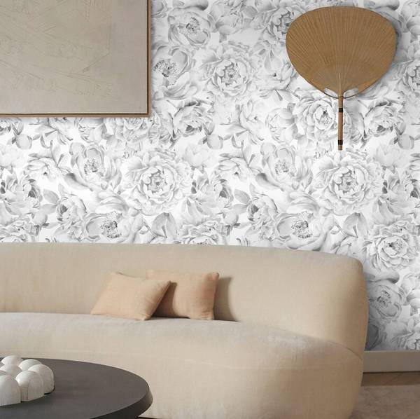 Behang Pioenen wit - papier - 200 x 250 x 1 cm