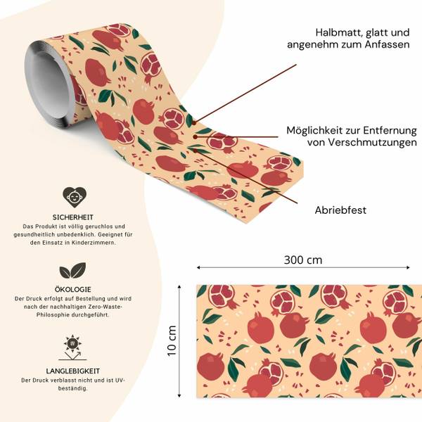 Tapetenbordüre GRANATAPFEL Obst Blätter Beige - Grün - Rot - Weiß - Fleece - 10 x 300 x 300 cm