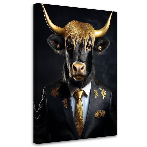 Wandbild schottische kuh im anzug 70 x 100 cm