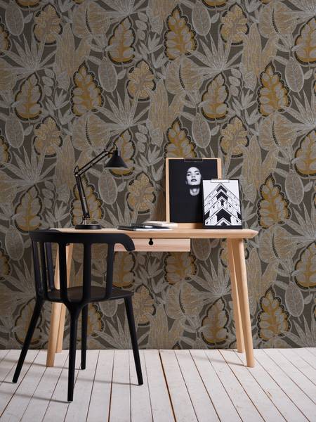 Botanische Vliestapete Pflanzen Braun - Orange - Taupe - Weiß