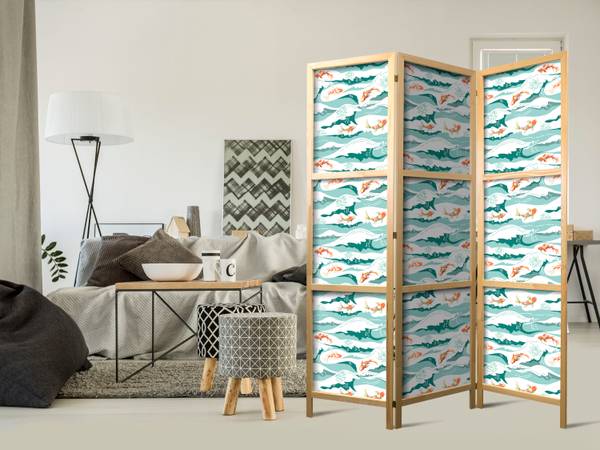 Paravent Wasserwellen Fisch 3-tlg Blau - Grün - Orange - Weiß - Holzwerkstoff - Textil - 135 x 172 x 3 cm