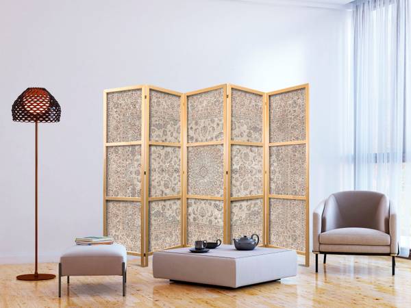 Paravent Mandala Muster 5-tlg Beige - Blau - Grau - Holzwerkstoff - Textil - 225 x 172 x 3 cm