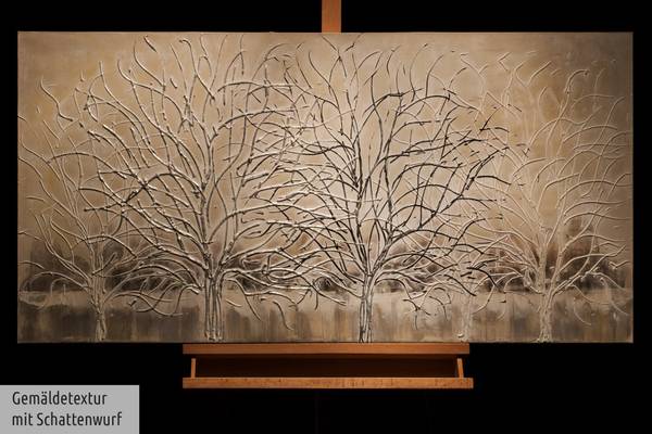 Tableau peint à la main Branche argentée Beige - Blanc - Coton - 120 x 60 x 4 cm