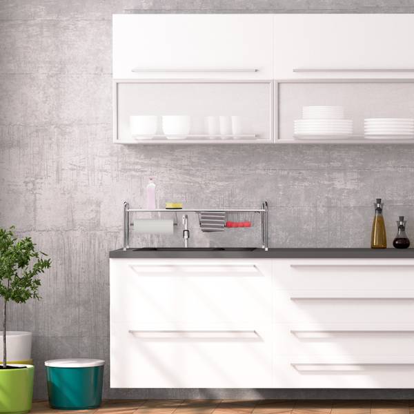 Etagère évier avec porte rouleau cuisine Argenté - Blanc - Acier - 94 x 32 x 23 cm