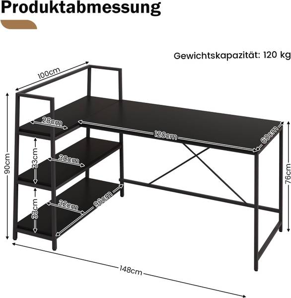 Schreibtisch HW67502 Schwarz - Holzwerkstoff - 100 x 90 x 148 cm