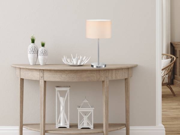 Große Nachttischlampe Stoffschirm Weiß Silber - Weiß - Metall - Textil - 30 x 55 x 30 cm