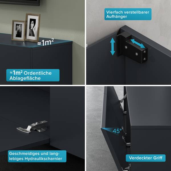 TV Lowboard TV Schrank Fernsehschrank02 Schwarz - Tiefe: 100 cm