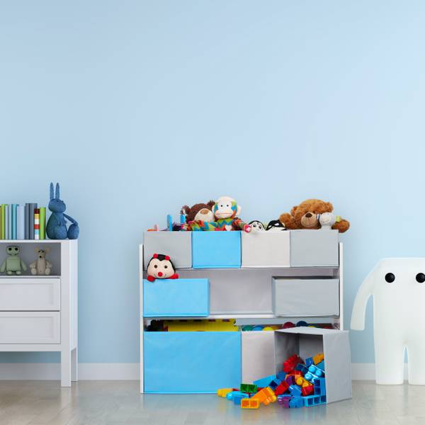 Kinderregal mit Motiv und 9 Boxen Blau - Grau - Weiß - Eisen - 83 x 66 x 30 cm