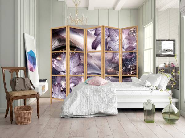 Paravent Aquarell Blumen 5-tlg Braun - Grau - Pink - Violett - Holzwerkstoff - Textil - 225 x 172 x 172 cm