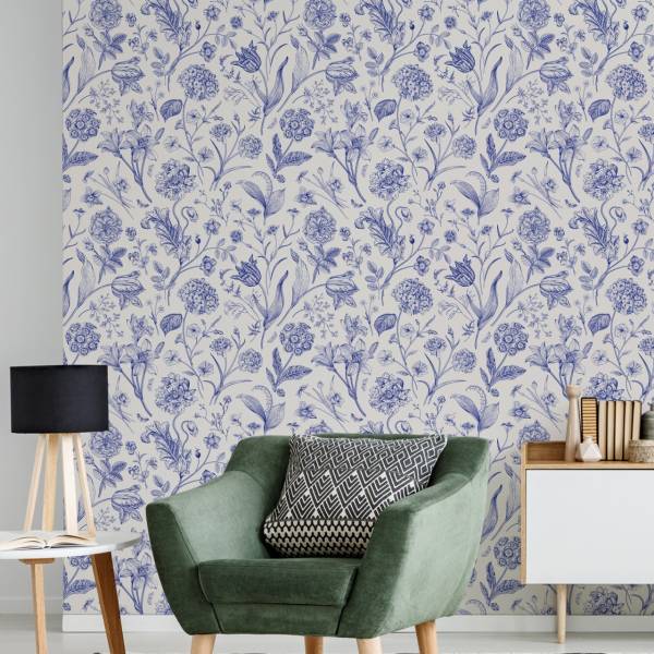 Papier Peint FLEURS Feuilles Plantes Beige - Bleu - Polaire - 53 x 1000 x 1000 cm