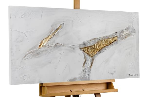 Acrylbild Handgemalt Nonfigurativ Zop Gold - Weiß - Baumwollstoff - 100 x 50 x 4 cm