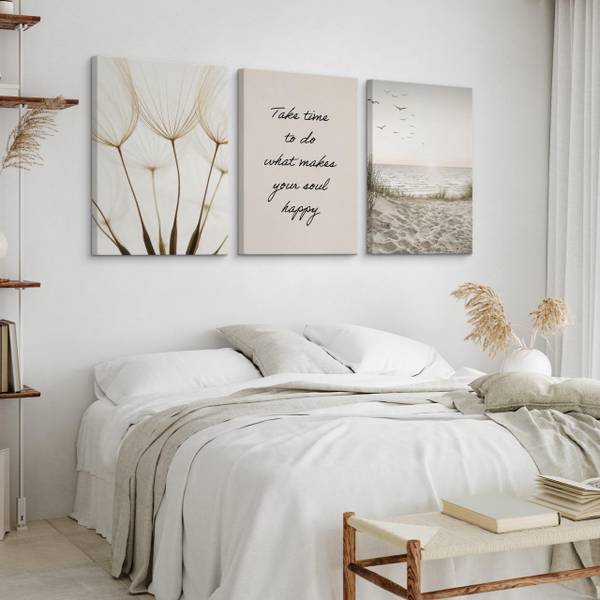 Leinwandbilder Set Meer Zitat Pflanzen Beige - Schwarz - Grün - Leinen - 90 x 40 x 40 cm