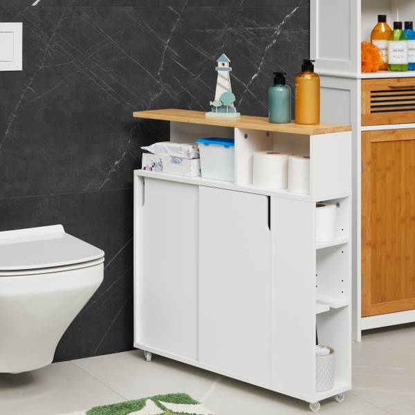 Badkamerkast smal met wielen bruin - wit - bamboe - plaatmateriaal op houtbasis - kunststof - 17 x 79 x 75 cm