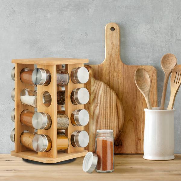 Gewürzkarussell mit 16 Gewürzgläsern Braun - Silber - Bambus - Glas - Metall - 17 x 27 x 17 cm