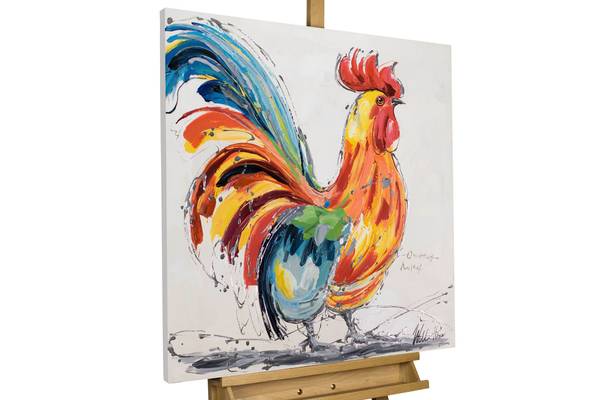 Acrylbild Handgemalt Hahn Jec Baumwollstoff - 80 x 80 x 4 cm