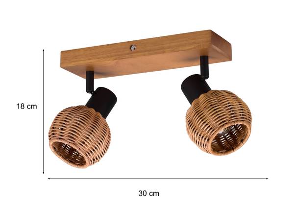 Deckenstrahler Korblampe Holz / Rattan Schwarz - Braun - Metall - Rattan - Massivholz - 30 x 18 x 13 cm