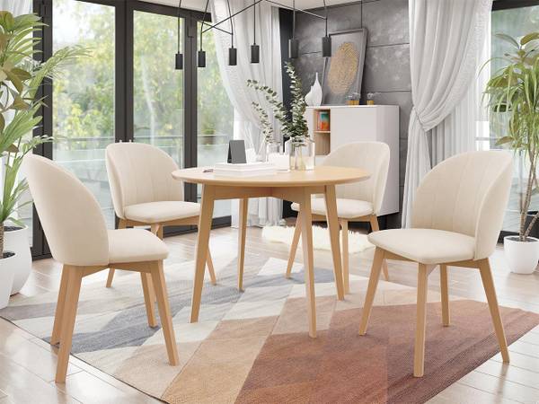 Essgruppe Skandi 100, 5-teilig Creme - Eiche - Eiche Hell - Durchmesser: 100 cm