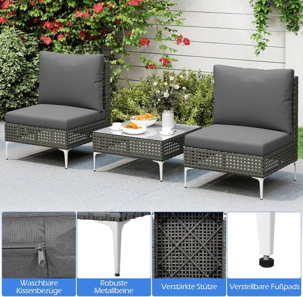 Gartenmöbel Set TI96289SDDE(3-tlg.) Grau - Polyrattan