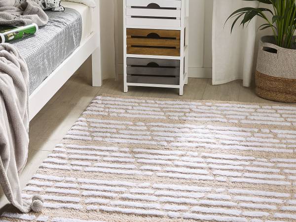 Laagpolig AHIRLI beige - wit - natuurvezel - 120 x 120 x 120 cm