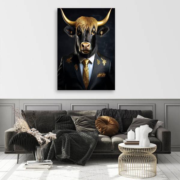 Wandbild schottische kuh im anzug 70 x 100 cm
