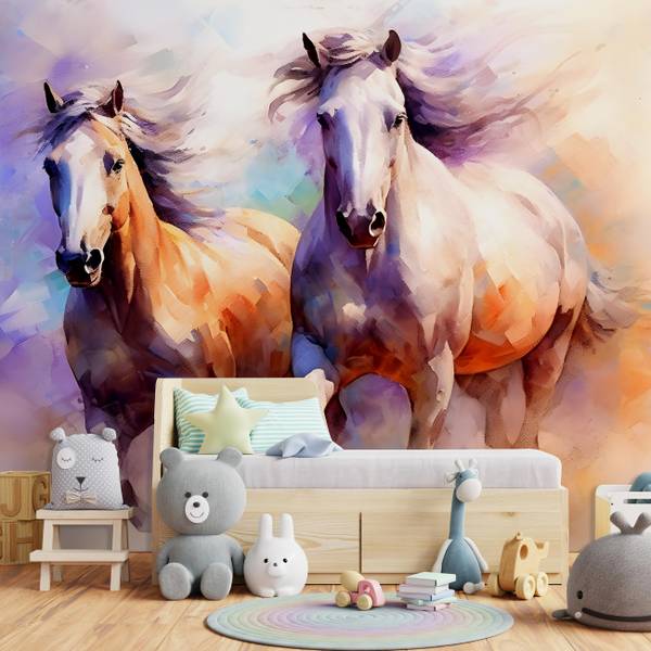 Vlies Fototapete Pferde Gemalt Pastell 254 x 184 cm - 130g Vlies