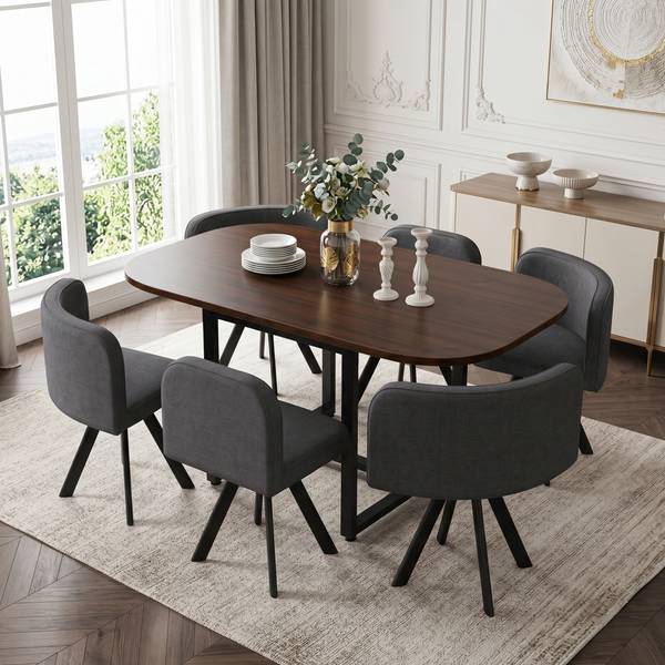 Essgruppe LineMU (7er Set) Grau - Walnuss Dekor