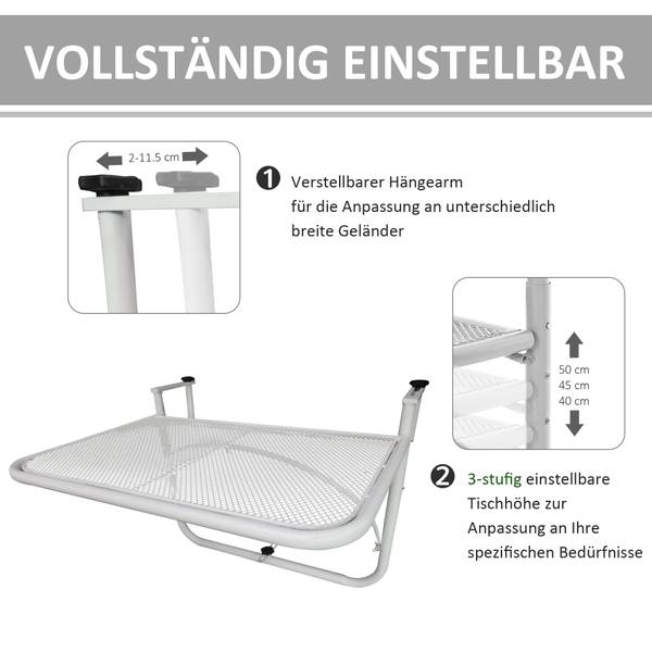 Balkonhängetisch 84B-296WT Weiß - Metall - 56 x 50 x 60 cm