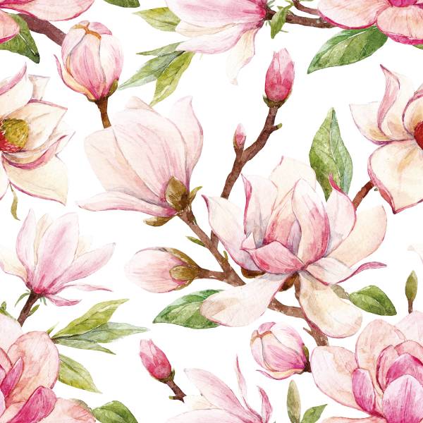 Tapete Blumen MAGNOLIEN Knospen Aquarell Braun - Grün - Pink - Weiß - Fleece - 53 x 1000 x 1000 cm