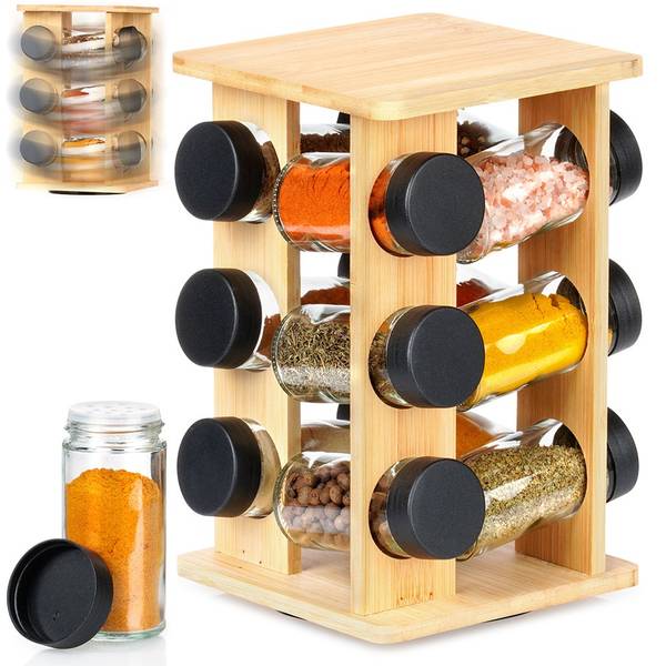 Drehbarer Gewürzständer 13-tlg. Set Braun - Bambus - Glas - Kunststoff - 15 x 24 x 15 cm