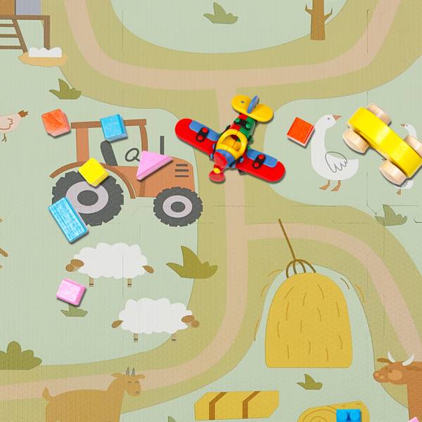 Puzzelmat baby boerderij afwasbaar beige - blauw - groen - kunststof - 90 x 1 x 90 cm